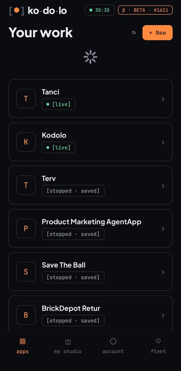 The kodolo studio on a phone: a list of apps, two of them live